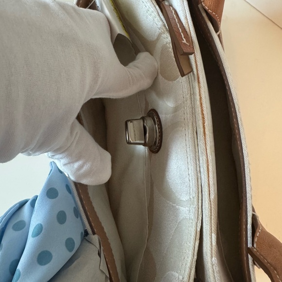 Coach Canvas Leather Brown and Cream Handbag with Blue Scarf NWT - Picture 7 of 8